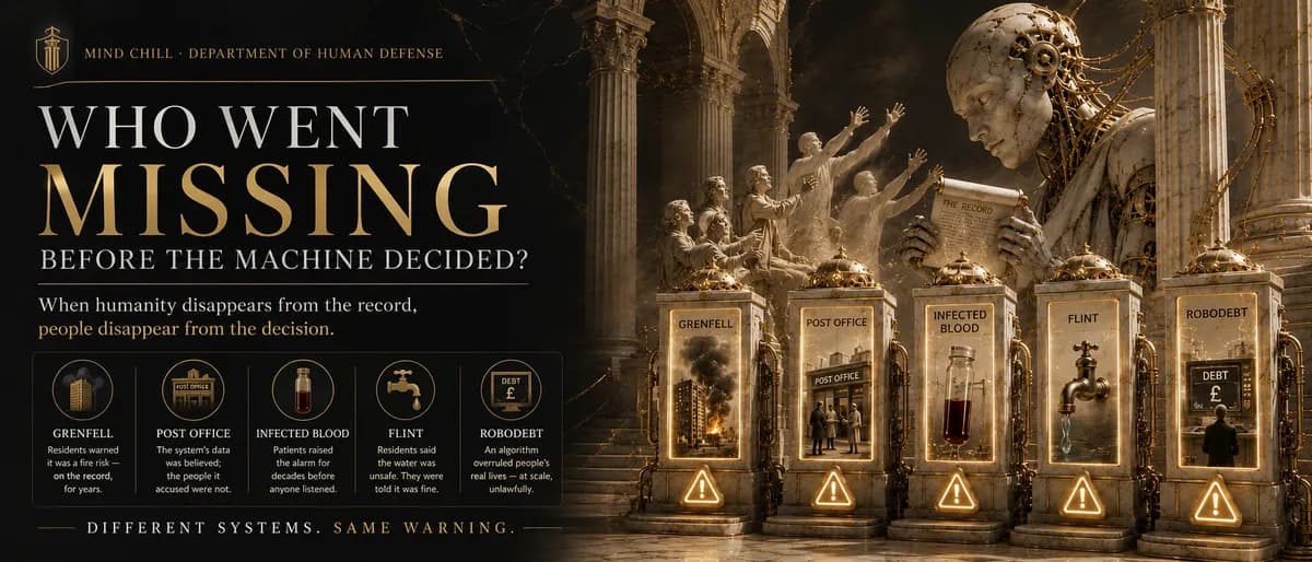 A symbolic Good Proof banner showing a missing human presence inside an AI decision system, representing Absence Audit, human context and the question of who disappeared before the machine decided.