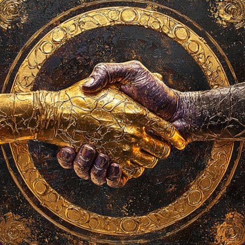 A path to build together — golden handshake symbolising trust and partnership